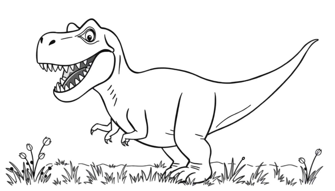 A friendly T-Rex roaring on a color panel.