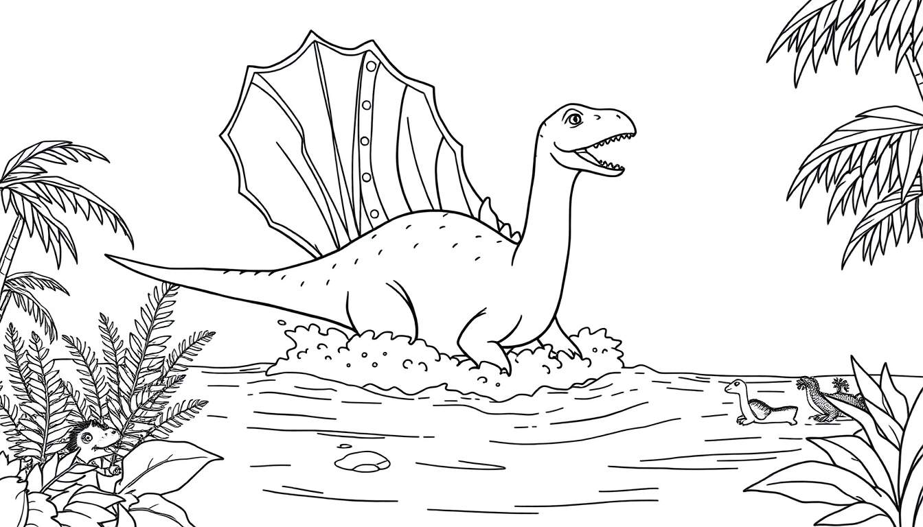 A black and white line drawing of a Spinosaurus with a sail on its back in a river, with ferns, palm trees, and smaller dinosaurs.