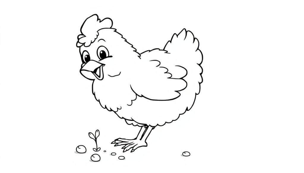 A cute chicken looking for food in a color panel.