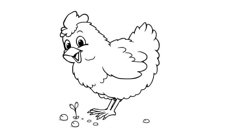 A cute chicken looking for food in a color panel.