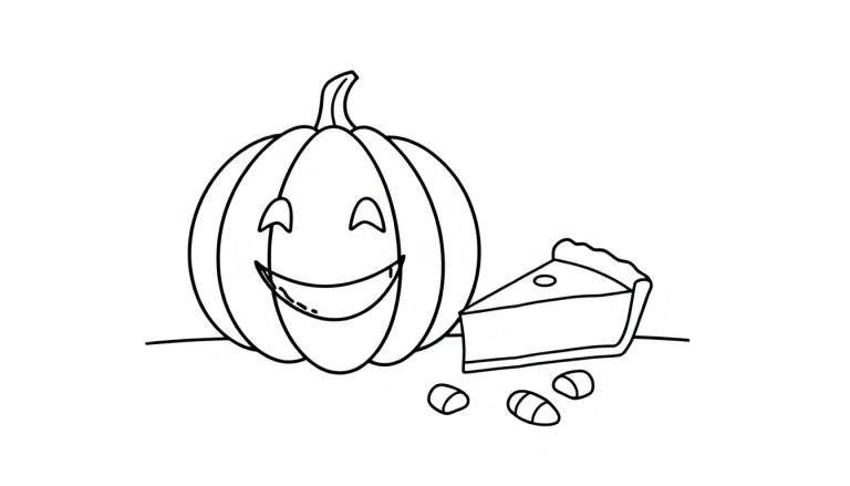 A black and white line drawing of a happy cartoon pumpkin ready for coloring, with a slice of pie and candy corn, a delightful color panel.