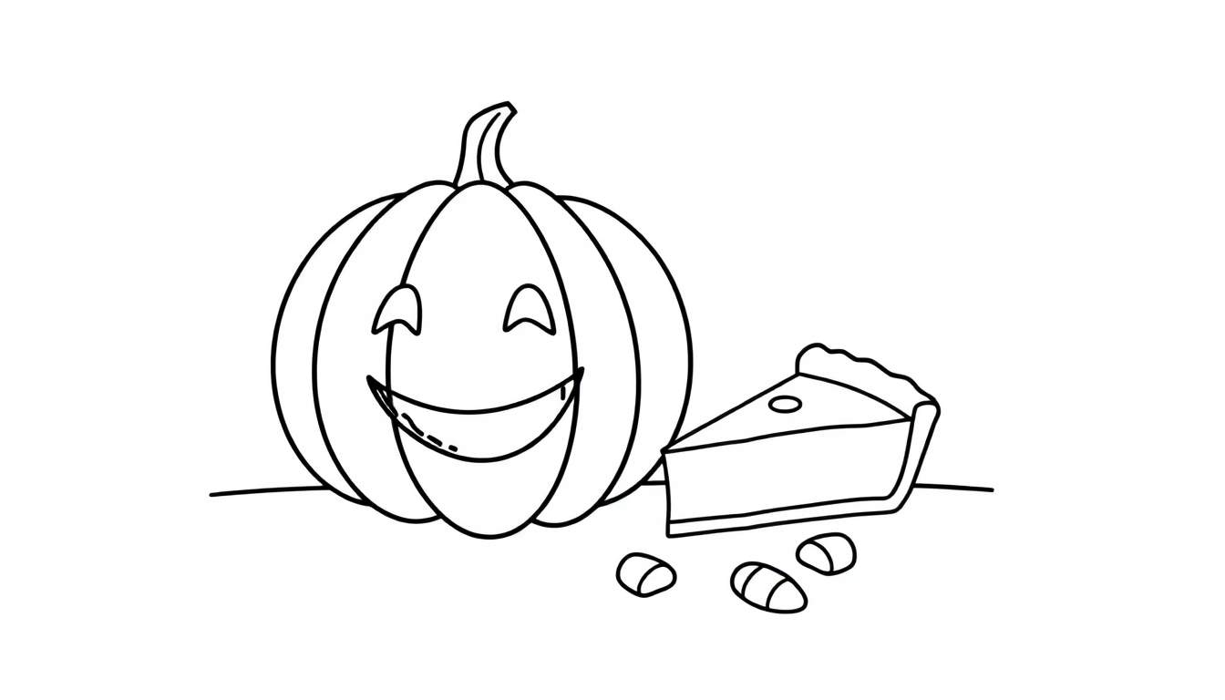 A black and white line drawing of a happy cartoon pumpkin ready for coloring, with a slice of pie and candy corn, a delightful color panel.