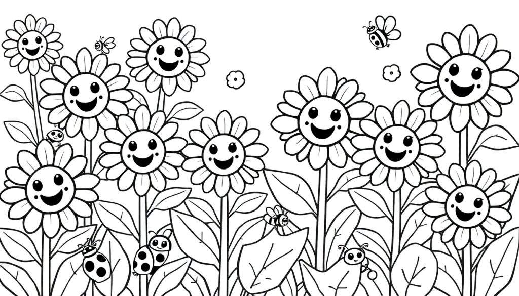 A happy color panel featuring smiling sunflowers and busy bees in a garden.