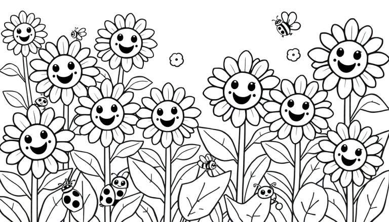 A happy color panel featuring smiling sunflowers and busy bees in a garden.