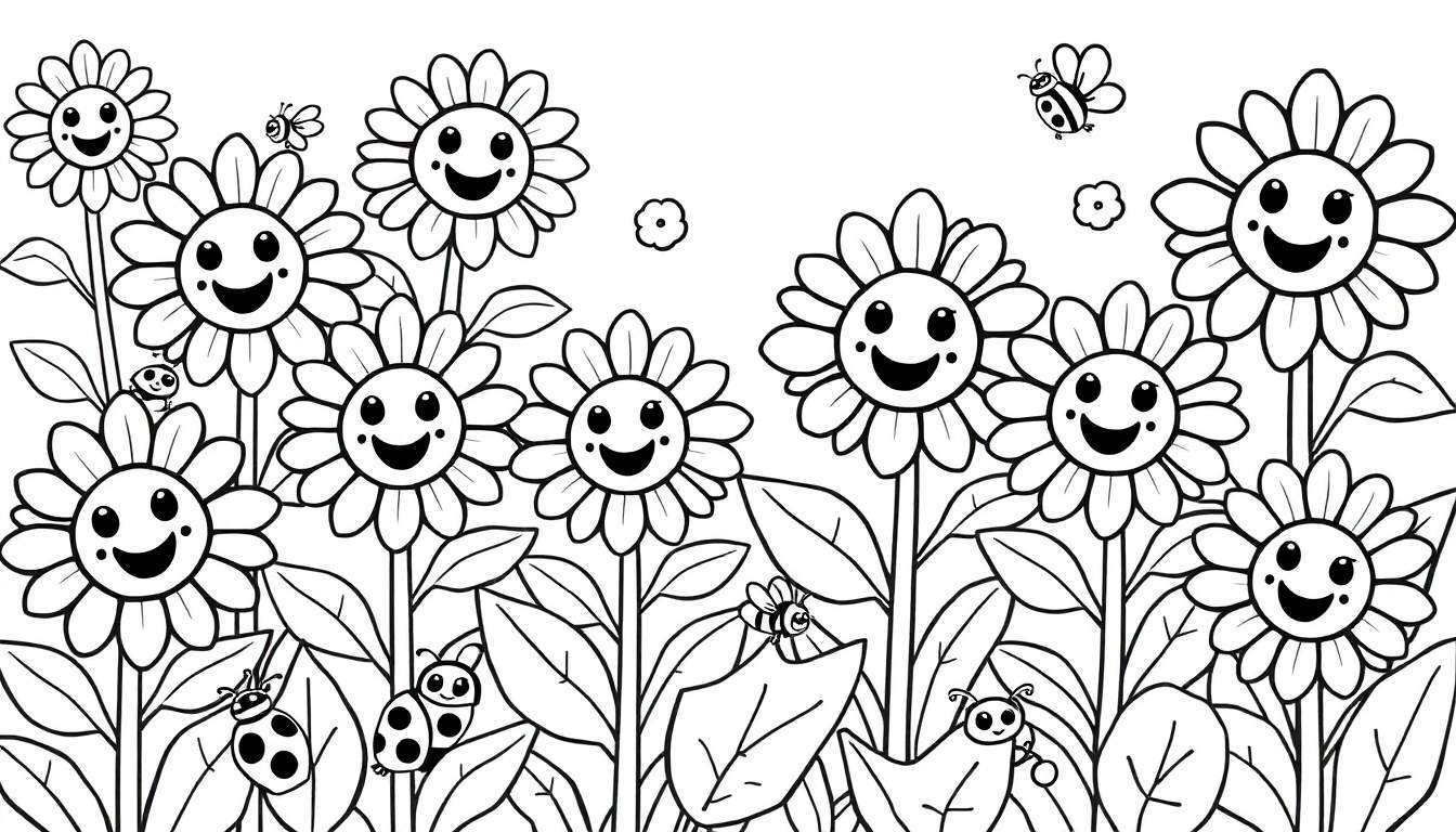 A happy color panel featuring smiling sunflowers and busy bees in a garden.