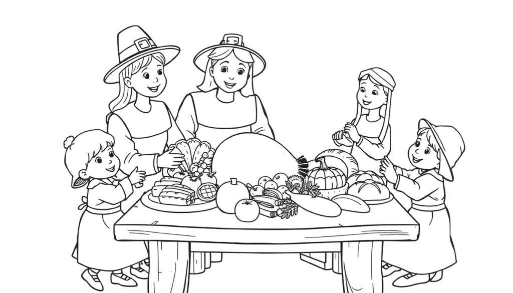 A black and white cartoon color panel of a pilgrim family enjoying a harvest feast, ready for coloring fun.