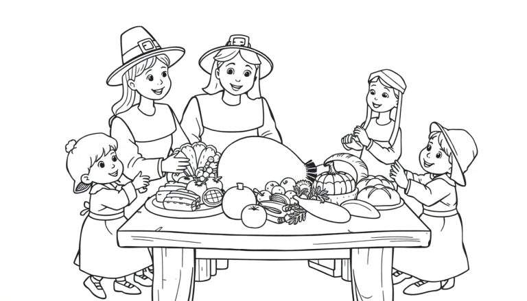A black and white cartoon color panel of a pilgrim family enjoying a harvest feast, ready for coloring fun.