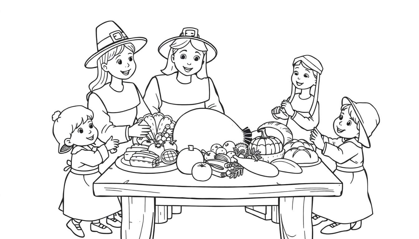 A black and white cartoon color panel of a pilgrim family enjoying a harvest feast, ready for coloring fun.