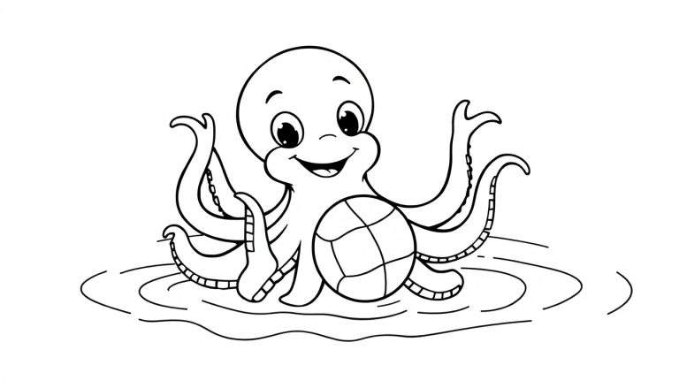 A cute cartoon octopus playing water polo, ready for color. A fun color panel!