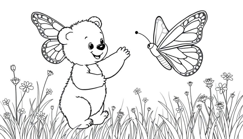 A bear with butterfly wings in a field, ready for a color panel.