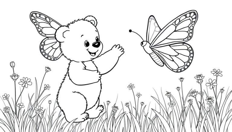 A bear with butterfly wings in a field, ready for a color panel.