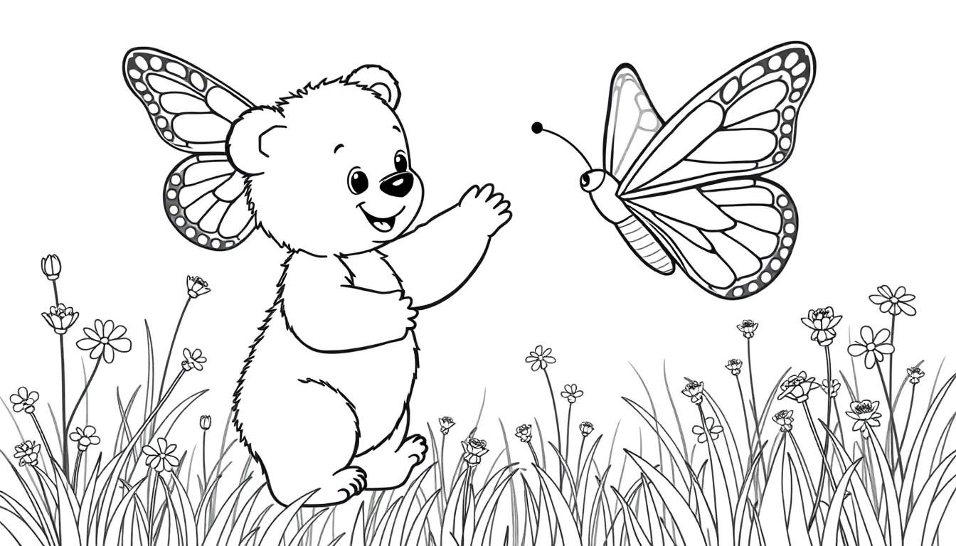 A bear with butterfly wings in a field, ready for a color panel.