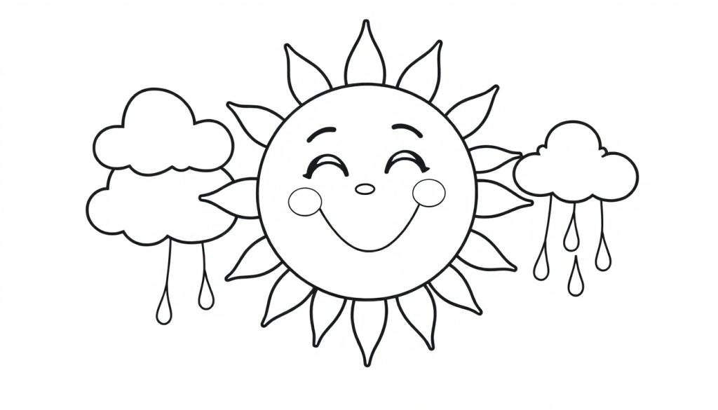 A cute smiling sun on a black and white color panel with fluffy clouds and happy raindrops.