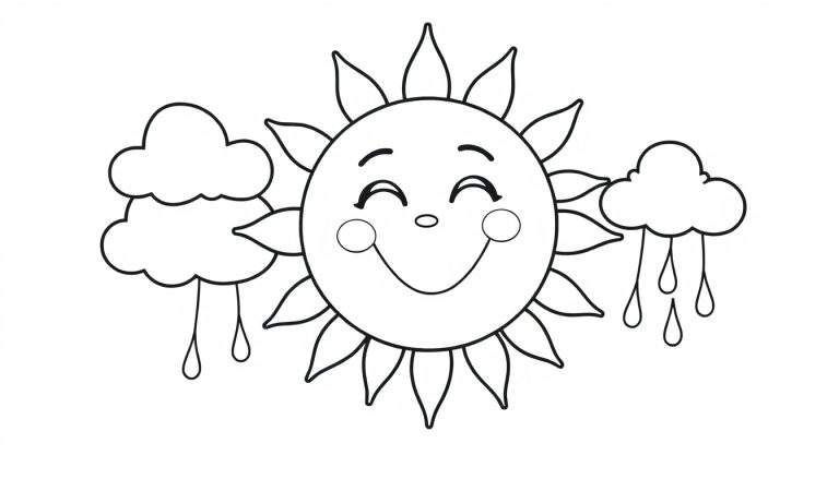 A cute smiling sun on a black and white color panel with fluffy clouds and happy raindrops.