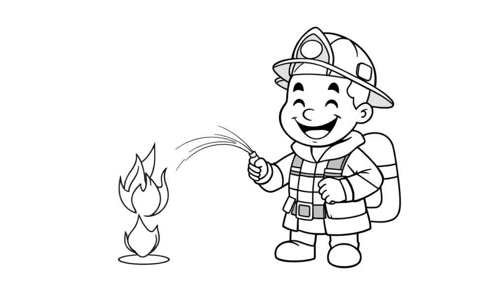 A black and white cartoon color panel of a happy boy firefighter spraying a small fire with a hose.