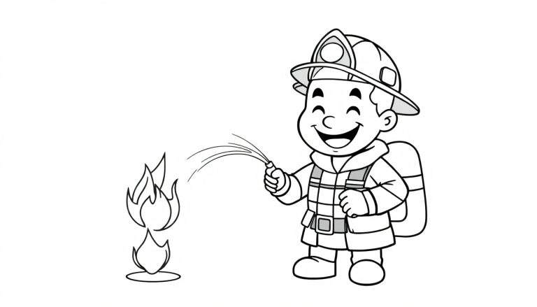 A black and white cartoon color panel of a happy boy firefighter spraying a small fire with a hose.