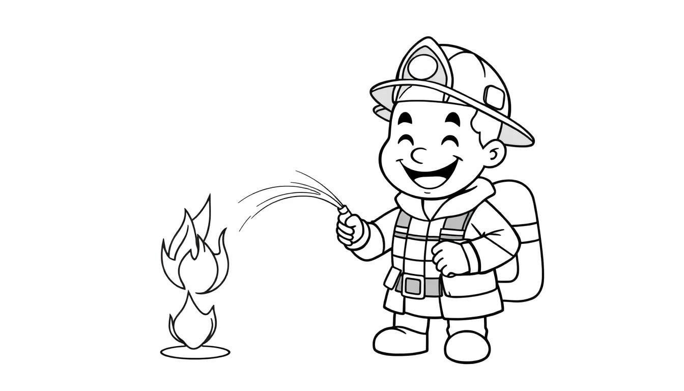 A black and white cartoon color panel of a happy boy firefighter spraying a small fire with a hose.