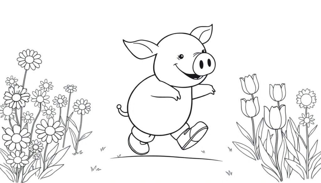A cute pig wearing boots, ready for a coloring panel adventure through a flower field.