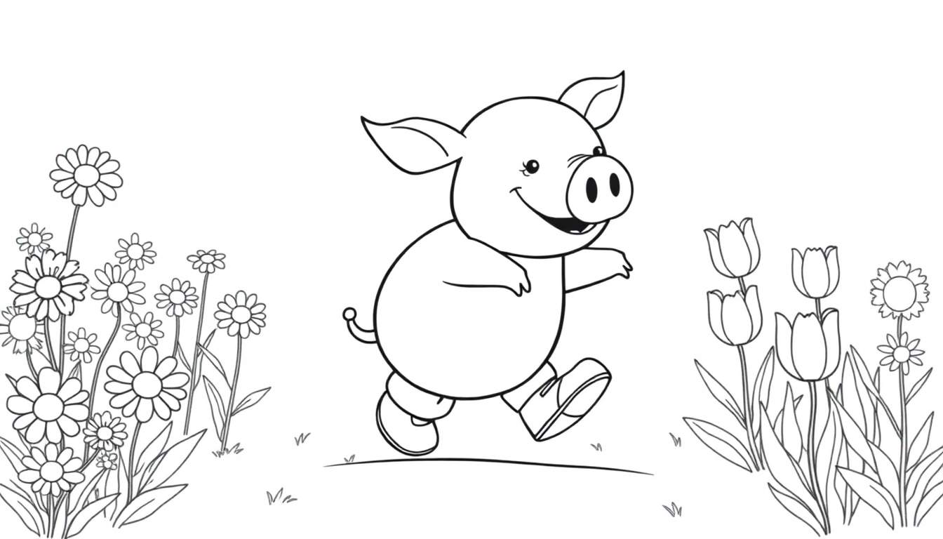 A cute pig wearing boots, ready for a coloring panel adventure through a flower field.