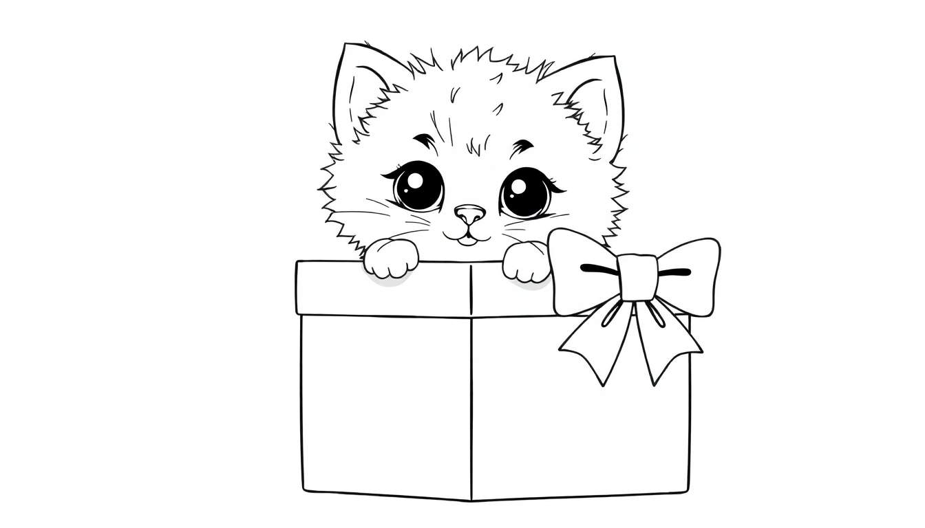 A black and white drawing of a fluffy kitten peeking out of a gift box with a bow.