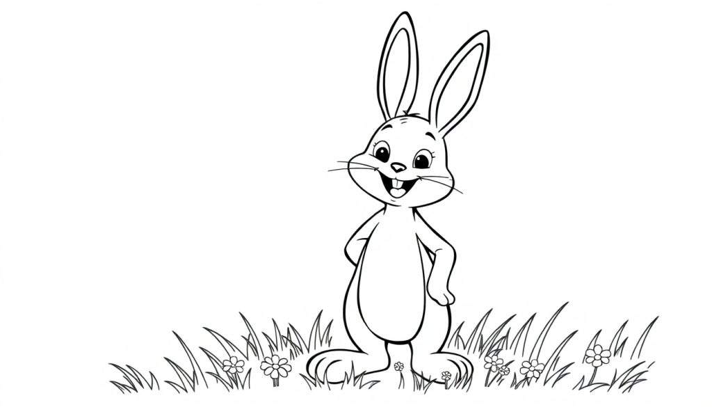 A cute black and white color panel illustration of Bing the bunny, standing with his paws on his hips and a big smile, in a field of flowers.