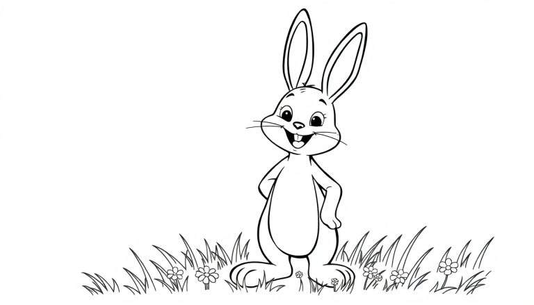 A cute black and white color panel illustration of Bing the bunny, standing with his paws on his hips and a big smile, in a field of flowers.