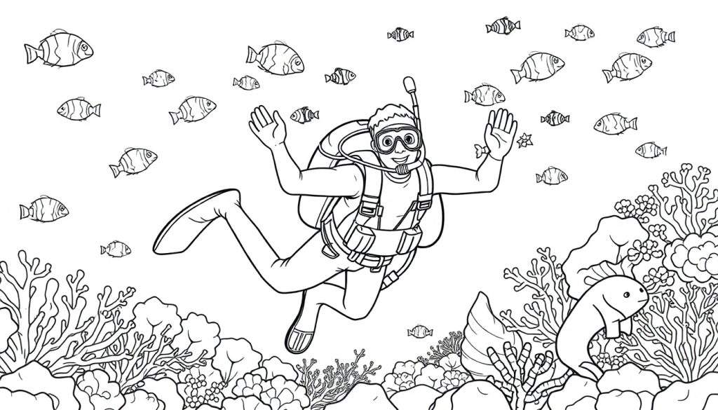 A happy scuba diver in a color panel, exploring a vibrant coral reef with friendly fish swimming all around. This black and white line art is perfect for coloring.