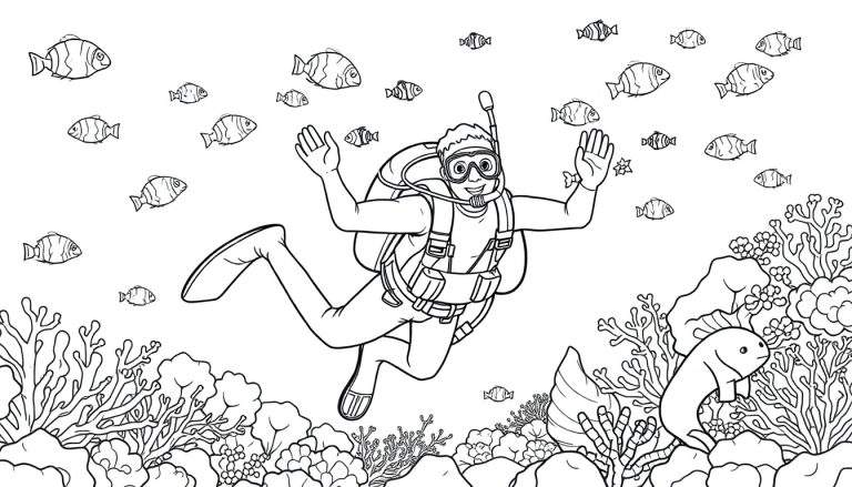 A happy scuba diver in a color panel, exploring a vibrant coral reef with friendly fish swimming all around. This black and white line art is perfect for coloring.
