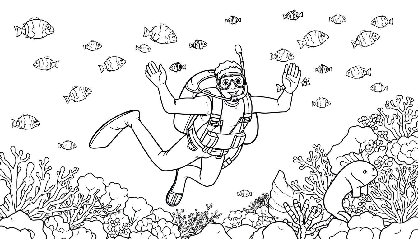 A happy scuba diver in a color panel, exploring a vibrant coral reef with friendly fish swimming all around. This black and white line art is perfect for coloring.