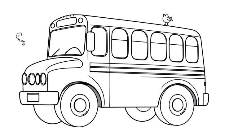 A black and white drawing of a school bus with a bird on its roof, perfect for a color panel activity.