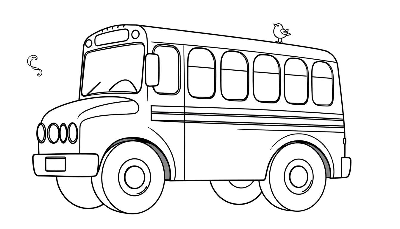 A black and white drawing of a school bus with a bird on its roof, perfect for a color panel activity.