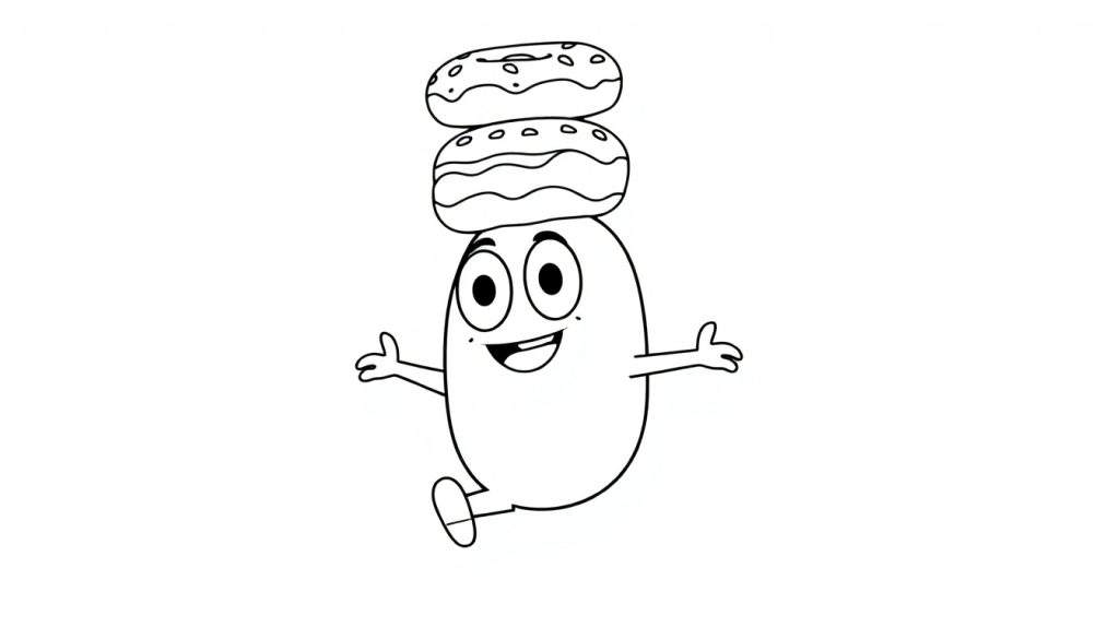 Cute Among Us character balancing donuts on its head in a black and white color panel.
