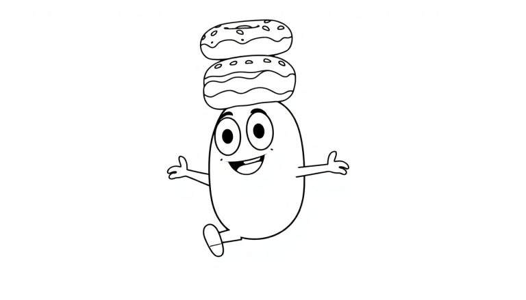 Cute Among Us character balancing donuts on its head in a black and white color panel.
