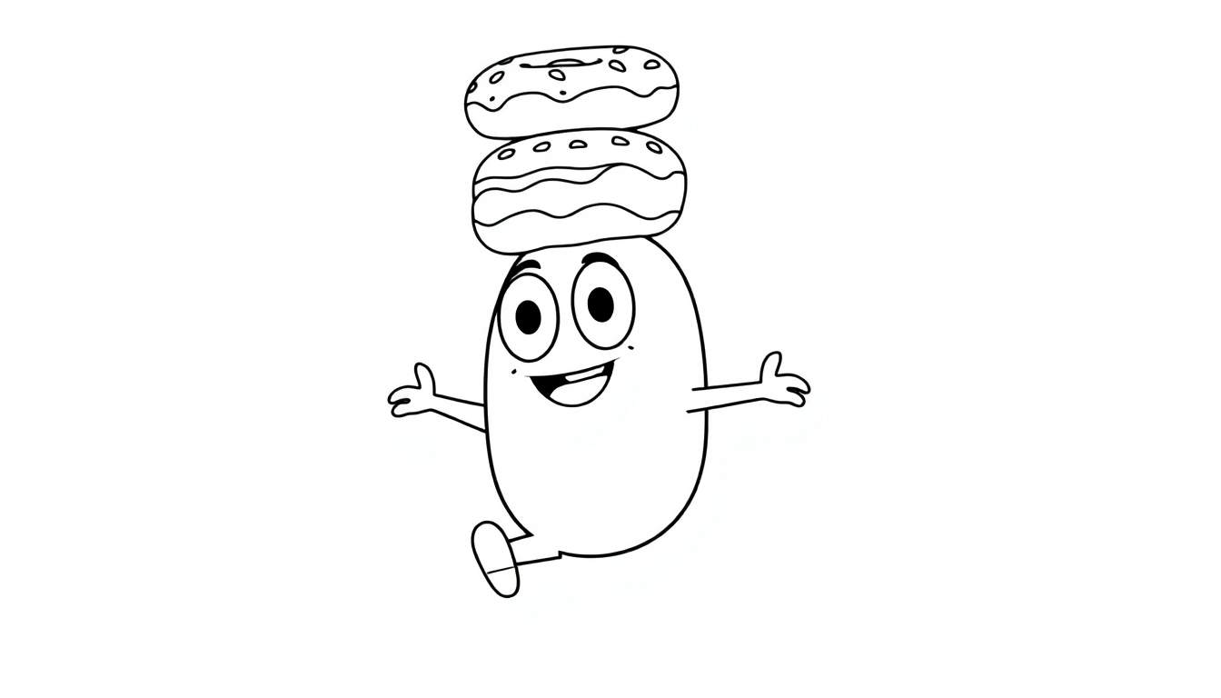 Cute Among Us character balancing donuts on its head in a black and white color panel.