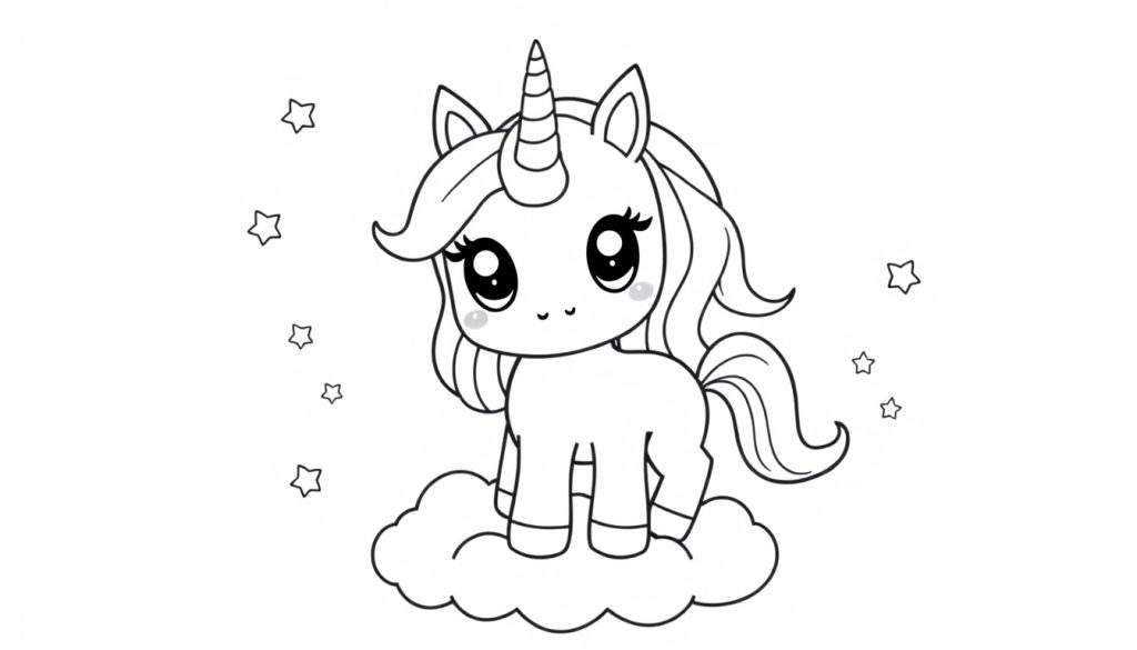 A black and white coloring panel of a cute cartoon unicorn on a cloud with stars.