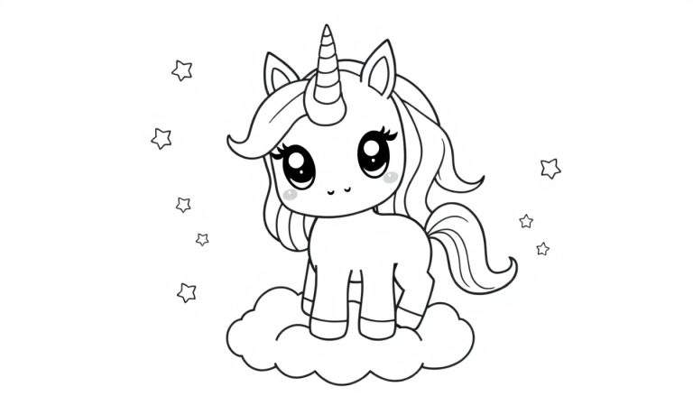 A black and white coloring panel of a cute cartoon unicorn on a cloud with stars.