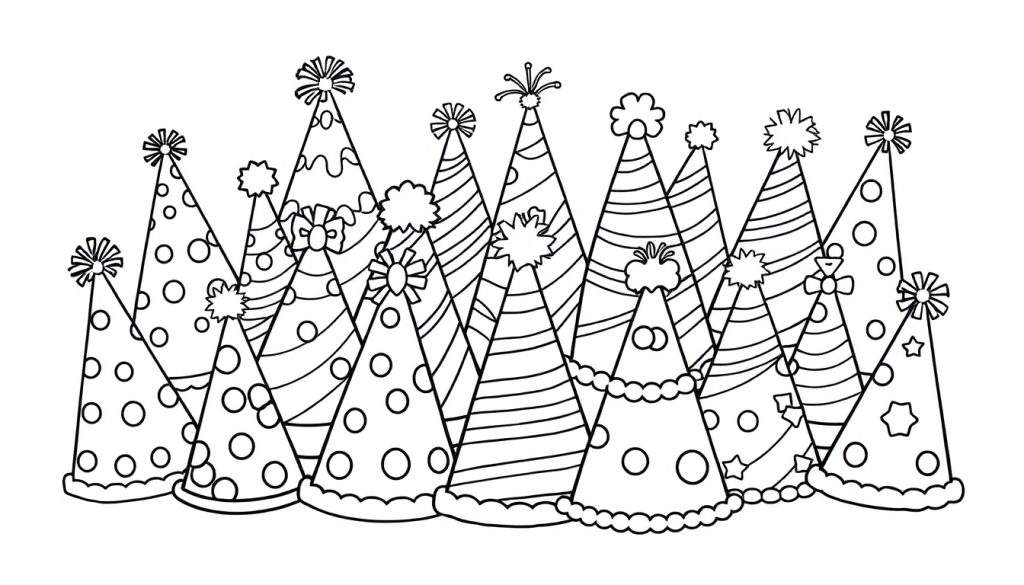 A color panel featuring a delightful collection of black and white party hats, ready for coloring.