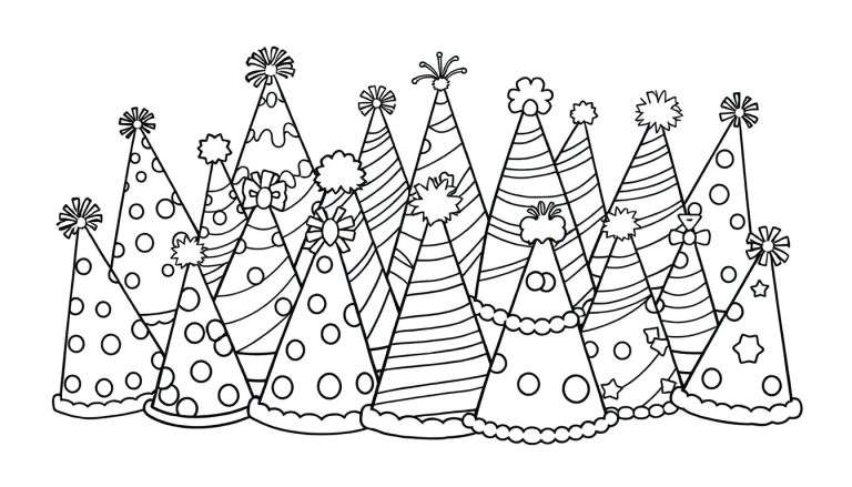 A color panel featuring a delightful collection of black and white party hats, ready for coloring.