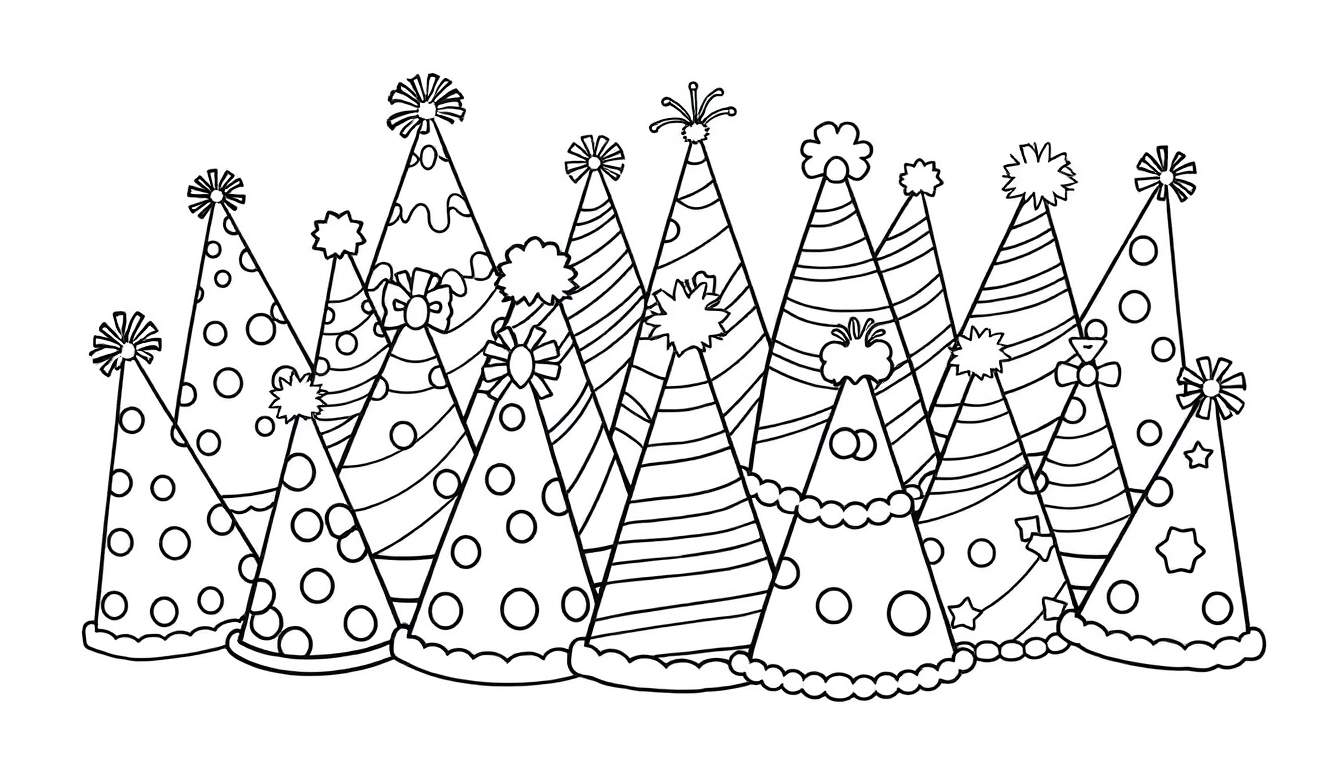 A color panel featuring a delightful collection of black and white party hats, ready for coloring.