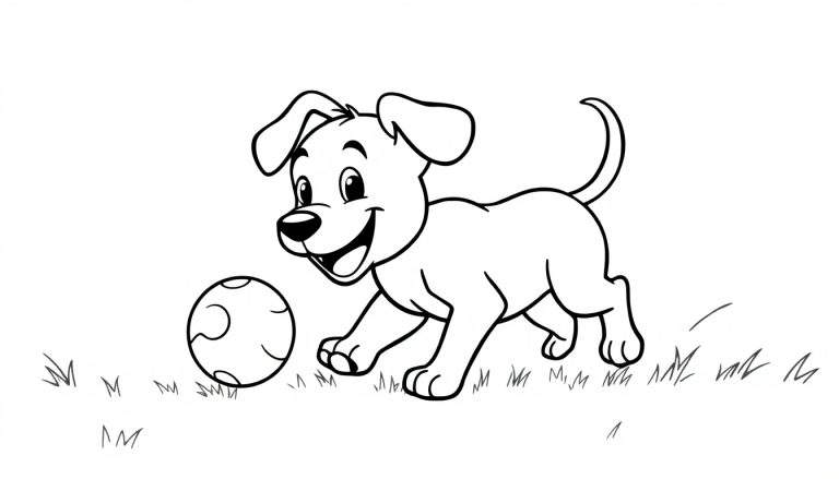 A happy puppy with floppy ears and a curled tail playing with a ball in the grass, a black and white color panel.