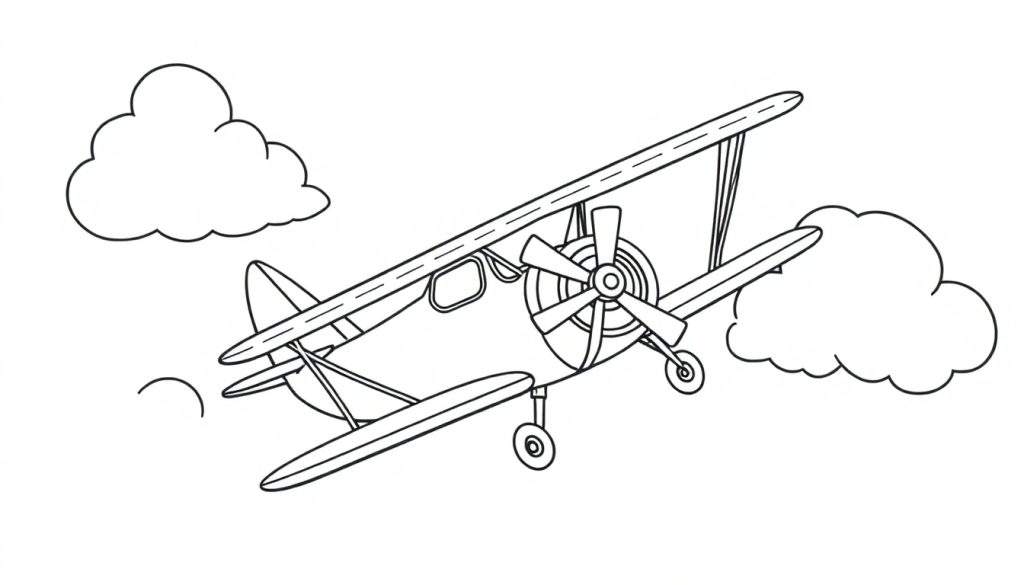 A happy little biplane flying through fluffy clouds, a fun color panel for kids.