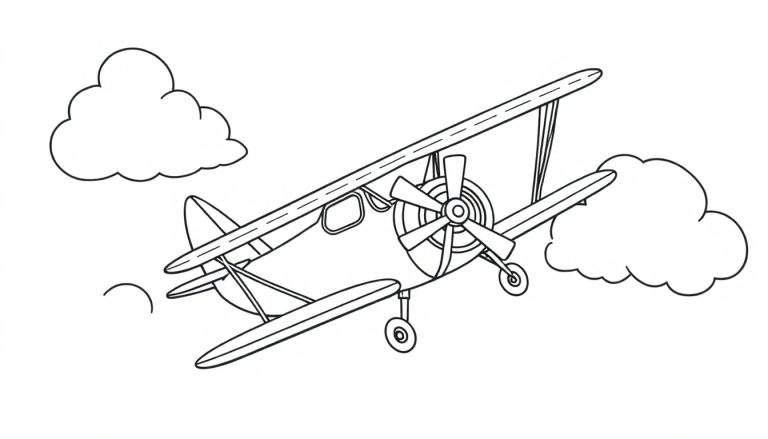 A happy little biplane flying through fluffy clouds, a fun color panel for kids.