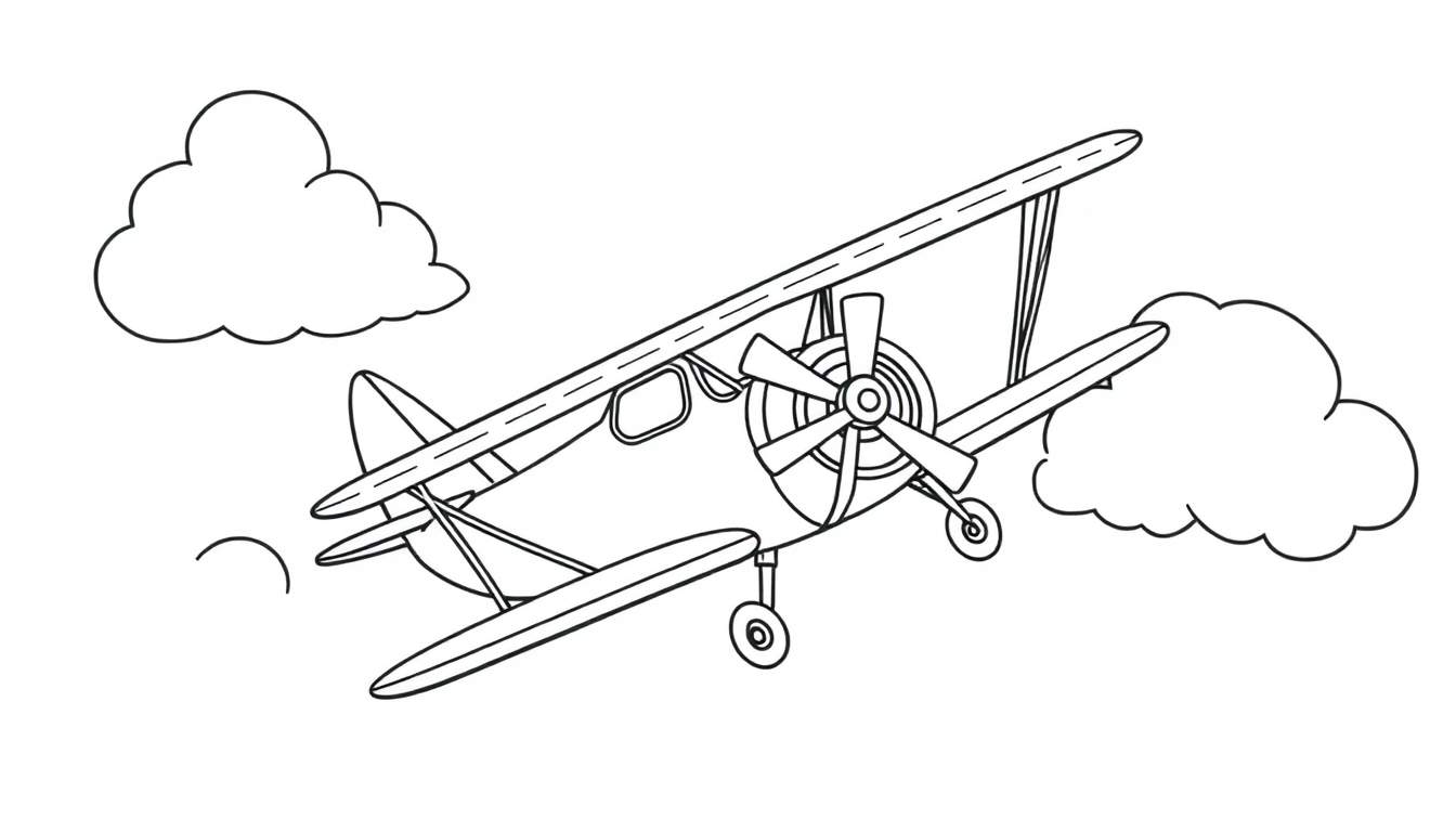 A happy little biplane flying through fluffy clouds, a fun color panel for kids.
