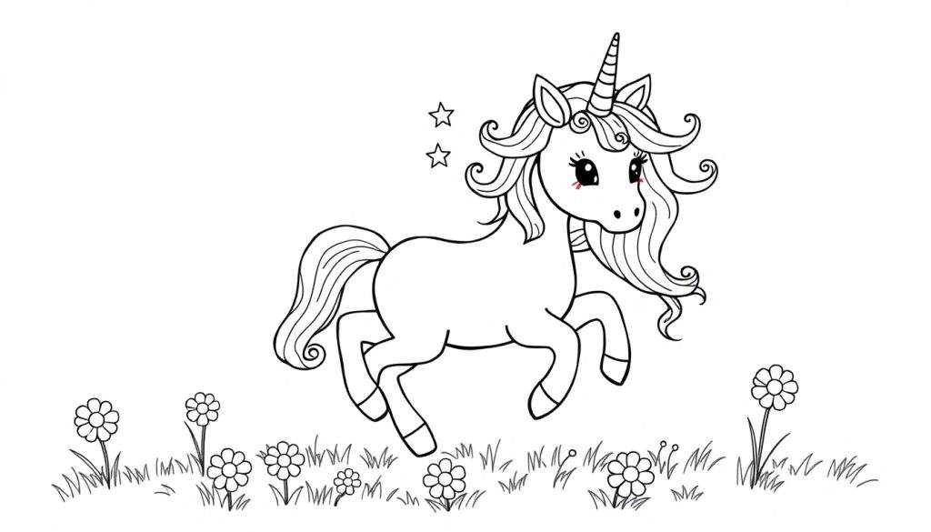 A cute unicorn with a rainbow mane, ready for coloring on this color panel.