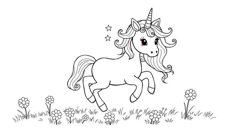 A cute unicorn with a rainbow mane, ready for coloring on this color panel.