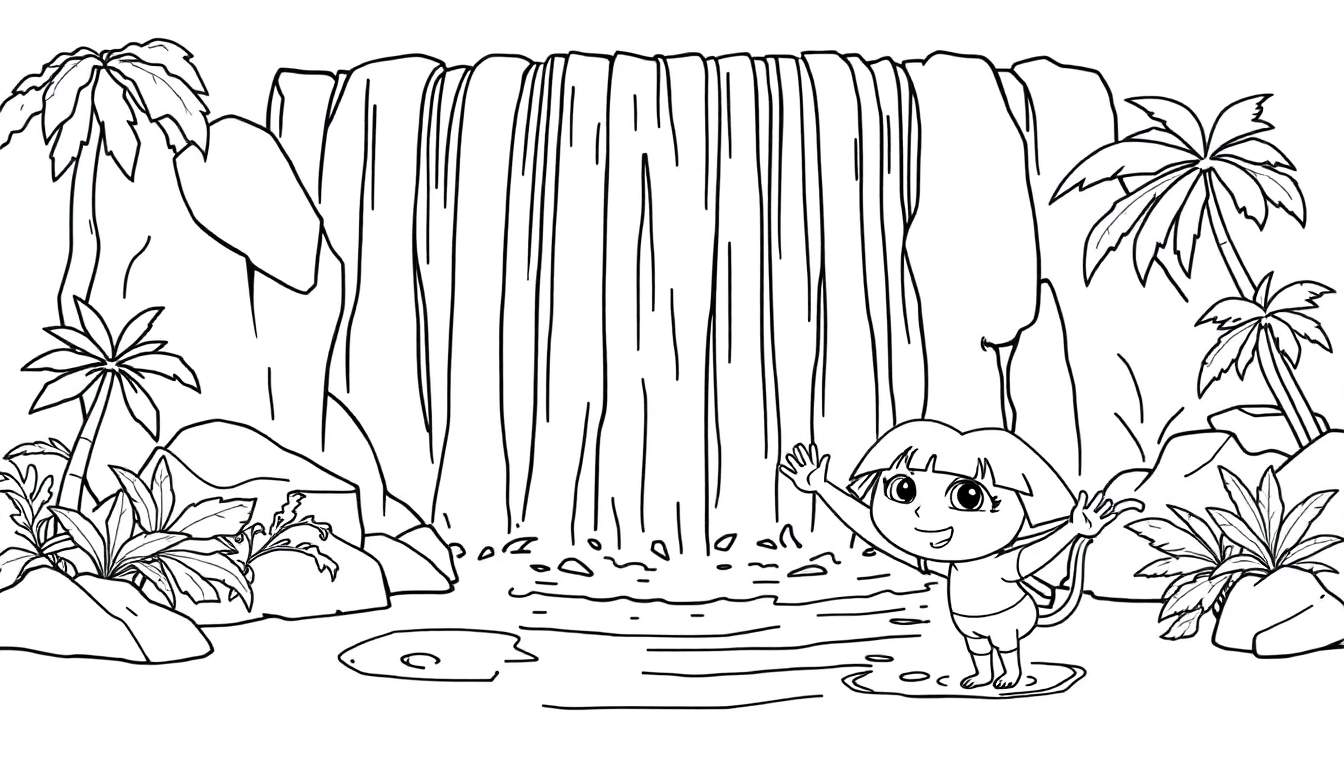 Dora the Explorer stands with her arms open in front of a waterfall, with palm trees and rocks.