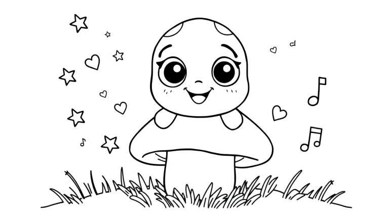 A cute mushroom character in a color panel, ready for coloring, with stars, hearts, and musical notes.