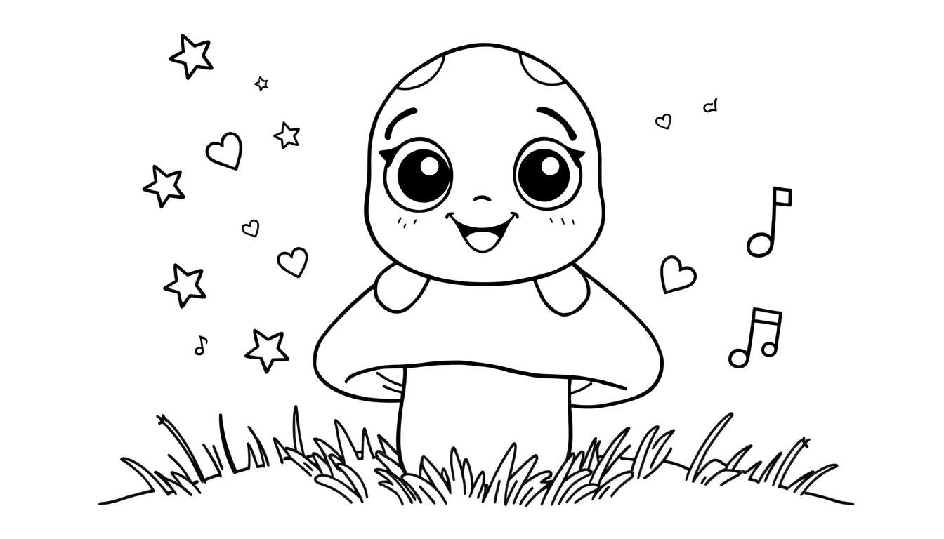 A cute mushroom character in a color panel, ready for coloring, with stars, hearts, and musical notes.