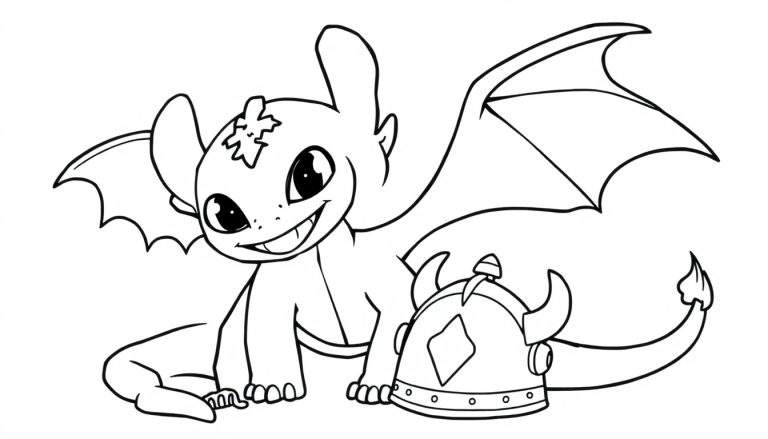 A black and white drawing of Toothless from How to Train Your Dragon next to a Viking helmet, a fun color panel for kids.