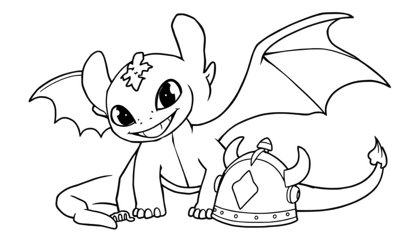 A black and white drawing of Toothless from How to Train Your Dragon next to a Viking helmet, a fun color panel for kids.